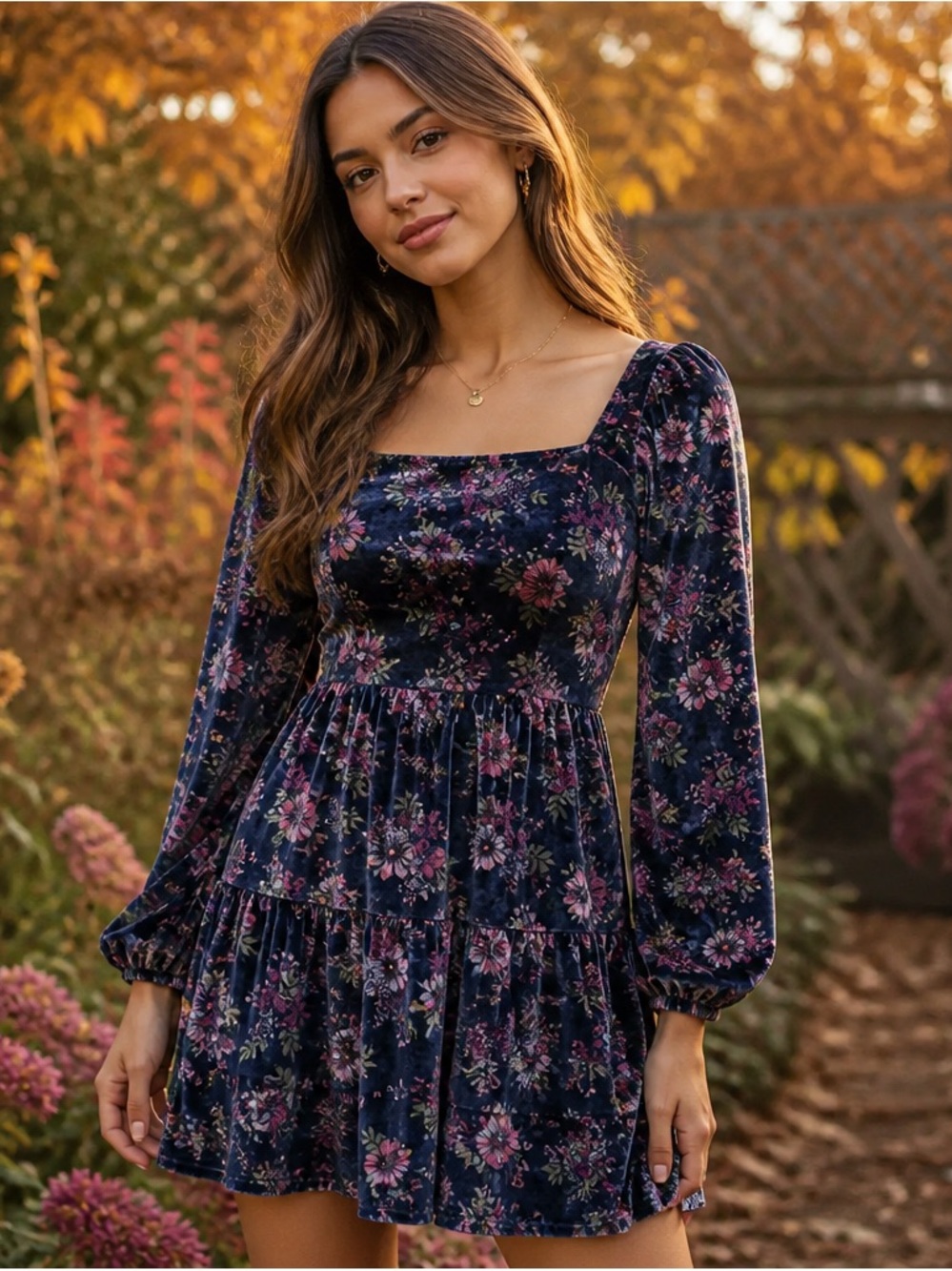 Easel Los Angeles Floral Velvet Square Neck Dress – Ruffle Lace Sleeves, M, EUC